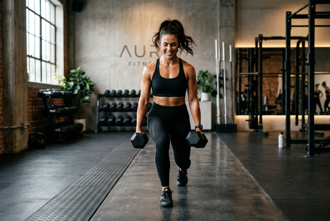 Woman training with dumbbells in a modern gym wearing stylish black gym wear