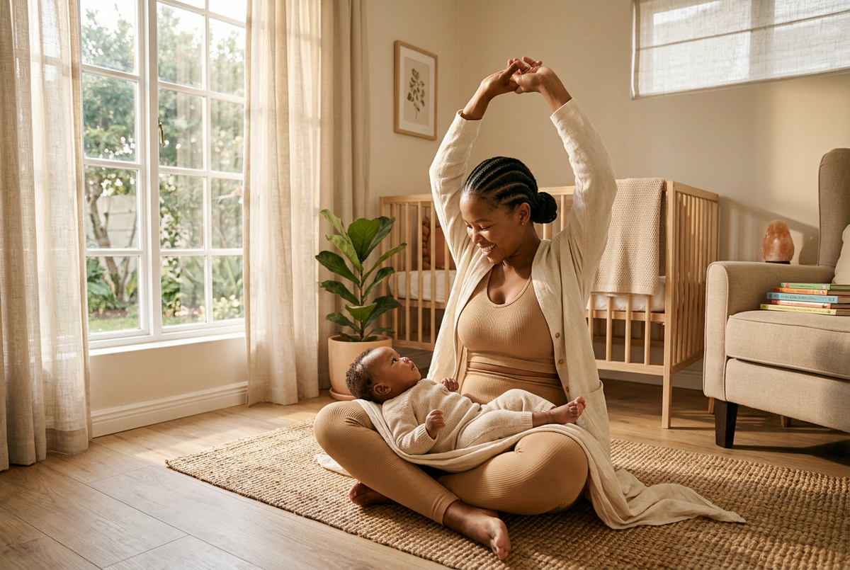 New mother stretching gently with her baby in postpartum supportive activewear