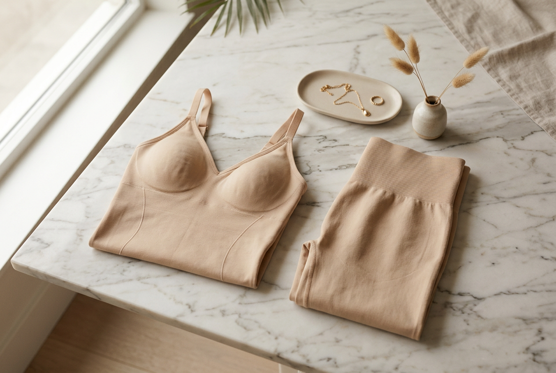 Seamless beige shapewear bodysuit and sculpting leggings styled on a marble surface